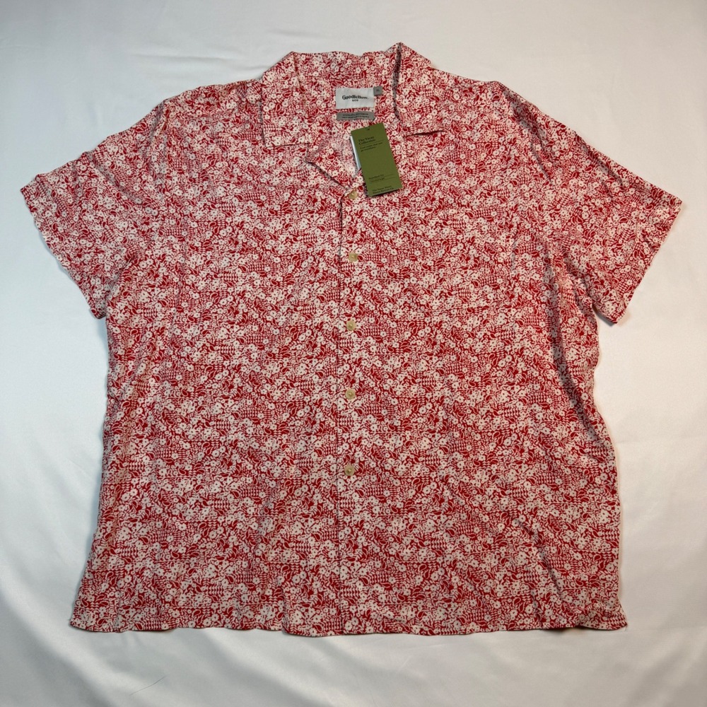 Goodfellow & Co Men XL Red White Block Print Floral Vacay Short Sleeve Shirt NWT